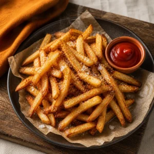 Air fryer crispy golden frozen french fries with sea salt and ketchup on matte black plate