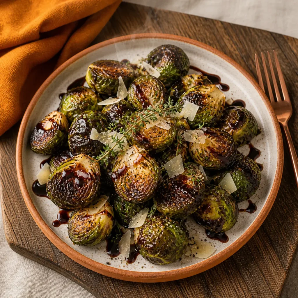 Air fryer brussels sprouts with charred crispy edges, balsamic glaze and parmesan on terracotta plate