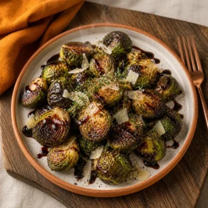 Air fryer brussels sprouts with charred crispy edges, balsamic glaze and parmesan on terracotta plate