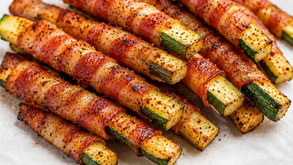 Bacon-Wrapped Zucchini Fries: Crispy Snack! - bacon zucchini - Bacon zucchini fries: Try these ultimate crispy air fryer bites! Easy to make, incredibly delicio