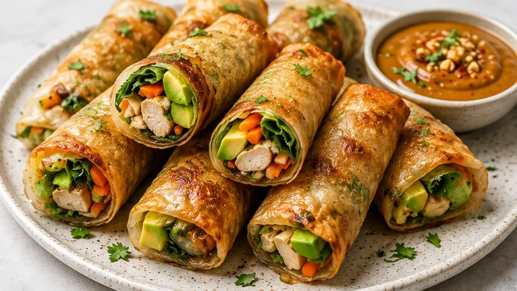 Crispy Air Fryer Chicken Rolls - chicken spring rolls - Chicken spring rolls: Make these easy air fryer chicken spring rolls with fresh avocado and peanut dip.