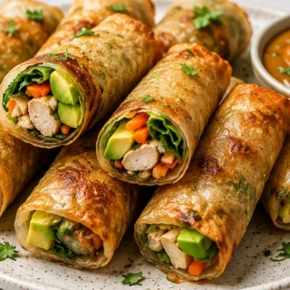 Crispy Air Fryer Chicken Rolls - chicken spring rolls - Chicken spring rolls: Make these easy air fryer chicken spring rolls with fresh avocado and peanut dip.