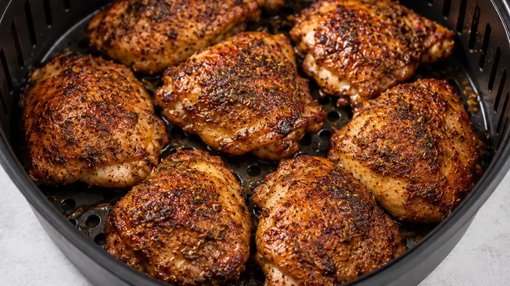 Juicy Air Fryer Chicken Thighs Recipe! Discover the best chicken thighs recipe! Perfectly juicy and crispy in the air fryer in under 20 minutes. Easy weeknight