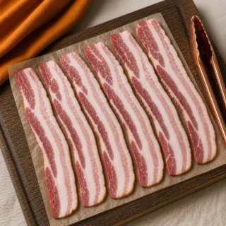 Weathered oak board with crisp air-fryer bacon strips, mahogany rendered fat, chives