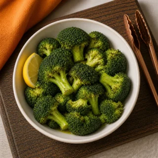 Small ivory bowl of charred air-fryer broccoli with crispy tips, lemon zest, parmesan