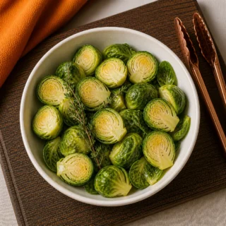 Wide stoneware bowl of crispy air-fryer brussels-sprout halves with caramelized cut sides