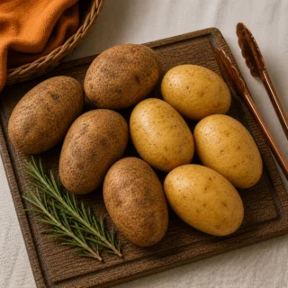 Small ivory bowl of crispy air-fryer potato wedges with golden-brown skin and rosemary