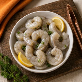 Round black plate of golden breaded air-fryer shrimp with lemon wedges and cocktail sauce