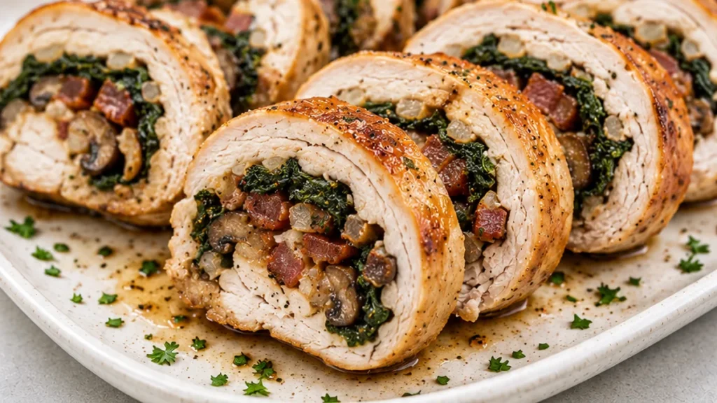 Turkey Roll Magic: Bacon-Spinach Stuffed Perfection! - stuffed turkey - Discover this ultimate stuffed turkey breast recipe! Juicy, savory, and packed with baco