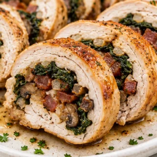 Turkey Roll Magic: Bacon-Spinach Stuffed Perfection! - stuffed turkey - Discover this ultimate stuffed turkey breast recipe! Juicy, savory, and packed with baco