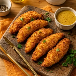 Weathered oak board with golden breaded air-fryer chicken tenders and honey mustard