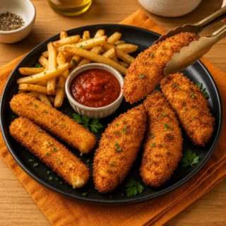 Black plate of crispy mixed air-fryer items: tenders, mozzarella sticks, fries, golden