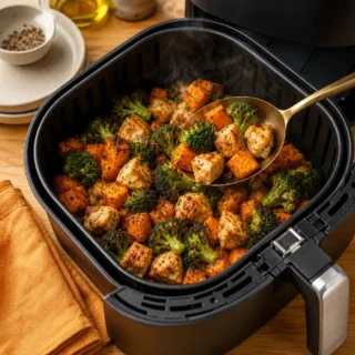 Open air-fryer basket with chicken cubes, broccoli florets, sweet-potato cubes mixed