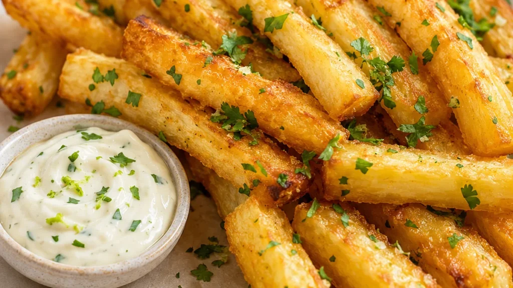 Yuca Fries Dream: Crispy & Dreamy! Discover the best crispy Yuca Fries recipe! Baked golden and tender, served with zesty cilantro lime crema. Perfect easy snac