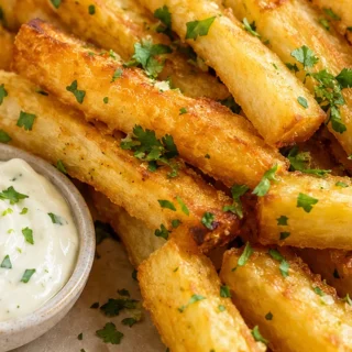 Yuca Fries Dream: Crispy & Dreamy! Discover the best crispy Yuca Fries recipe! Baked golden and tender, served with zesty cilantro lime crema. Perfect easy snac