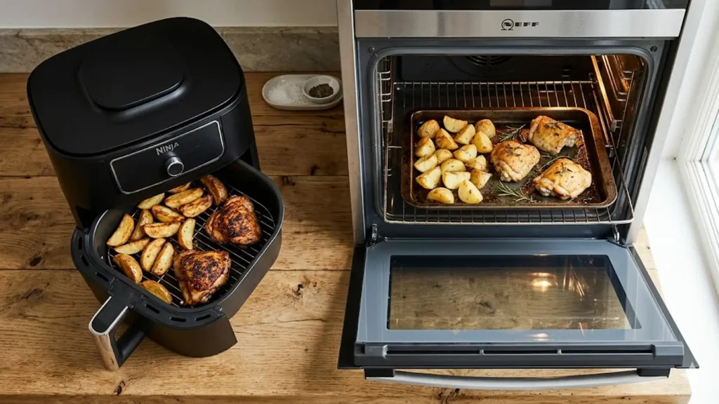Air fryer vs conventional oven, beautifully styled overhead food photograph