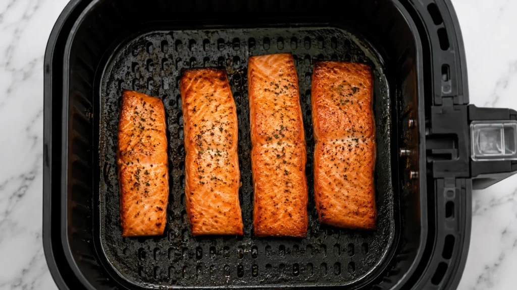 Cooking salmon in an air fryer, beautifully styled overhead food photograph