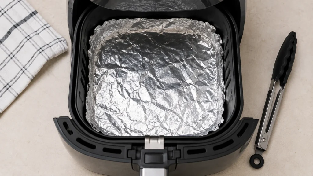 Put aluminum foil in an air fryer, beautifully styled overhead food photograph
