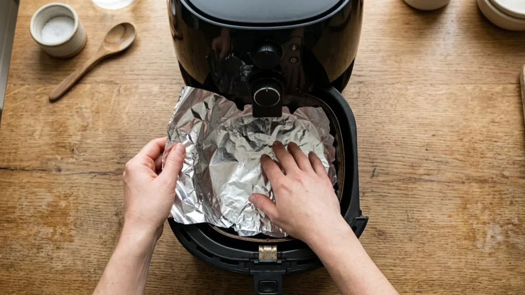 Put foil in air fryer, beautifully styled overhead food photograph
