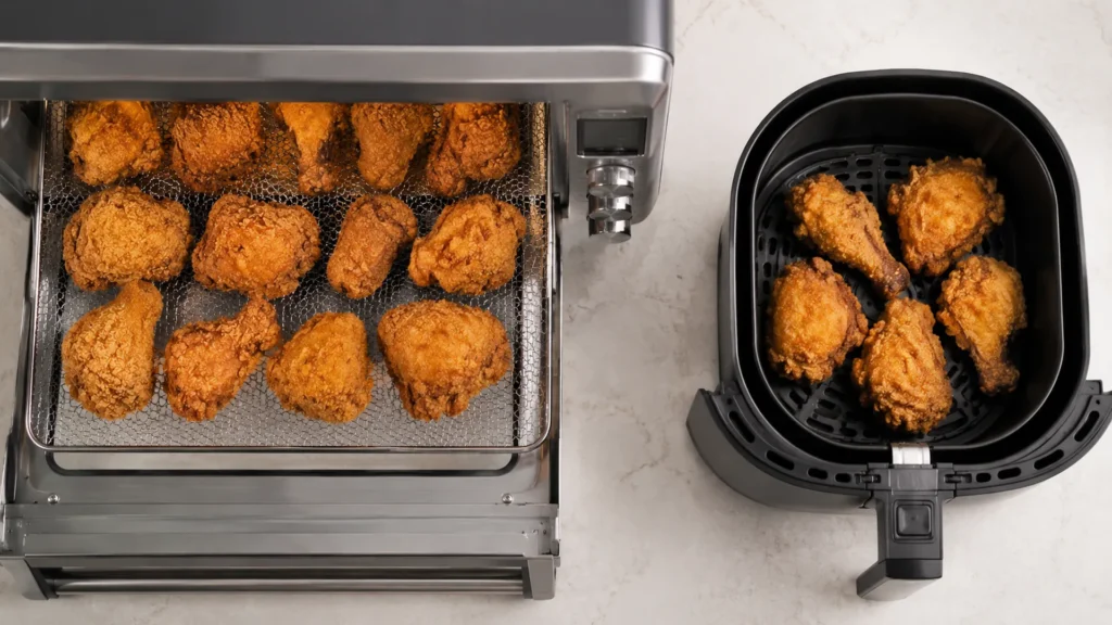 Convection oven versus air fryer, beautifully styled overhead food photograph
