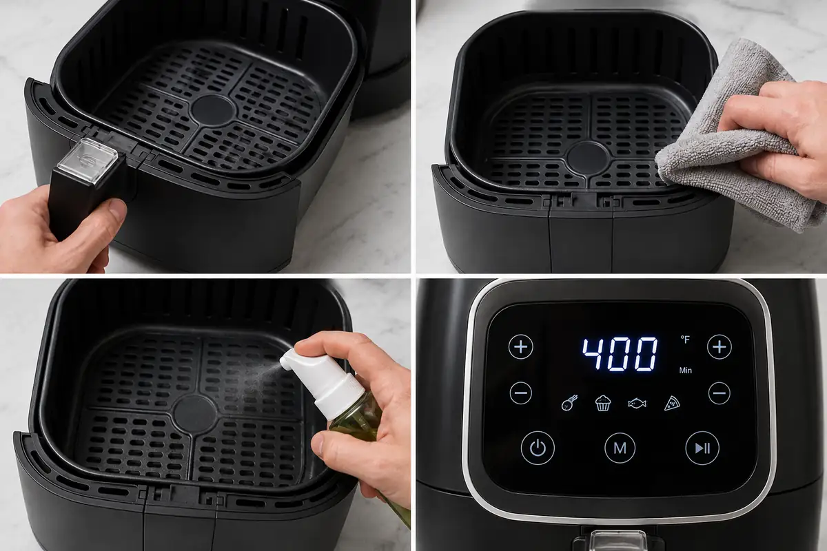Cooking in an air fryer — Before the Food Goes In: Setup and Preheat