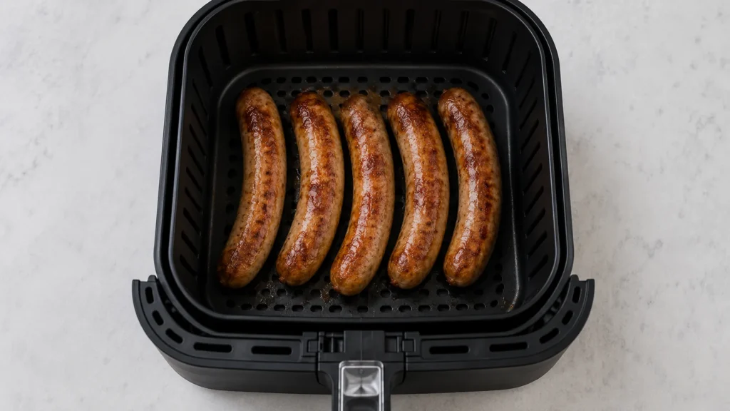 Cooking bratwurst in air fryer, beautifully styled overhead food photograph