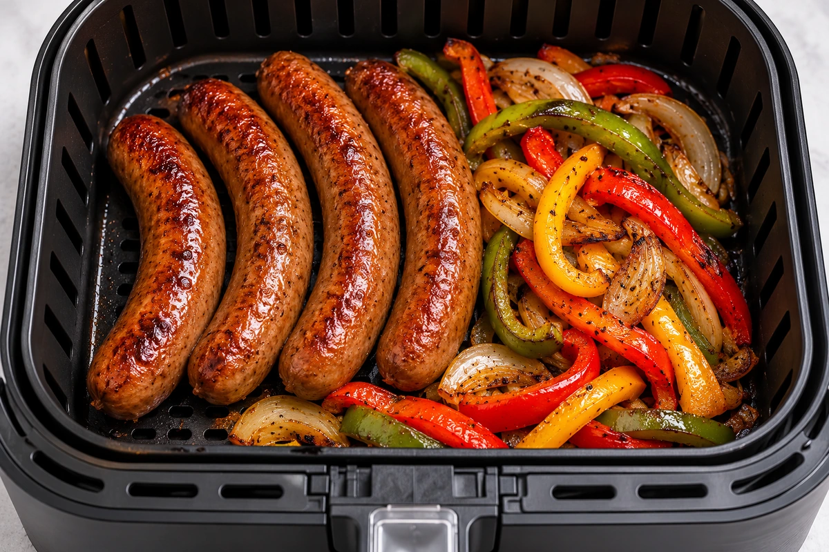 Cooking bratwurst in air fryer — Cooking the Onions and Peppers Too