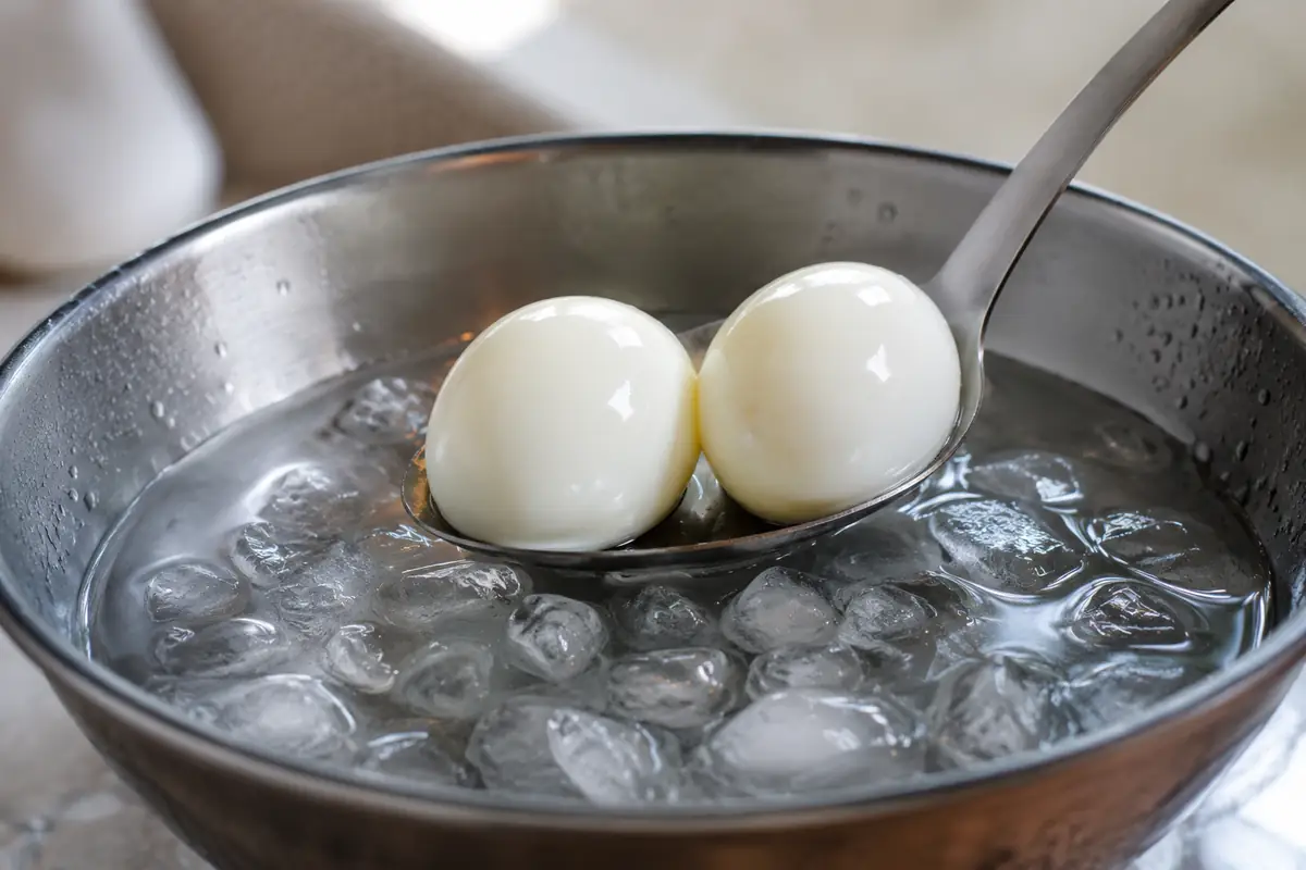 Cooked eggs being placed into a bowl of ice water