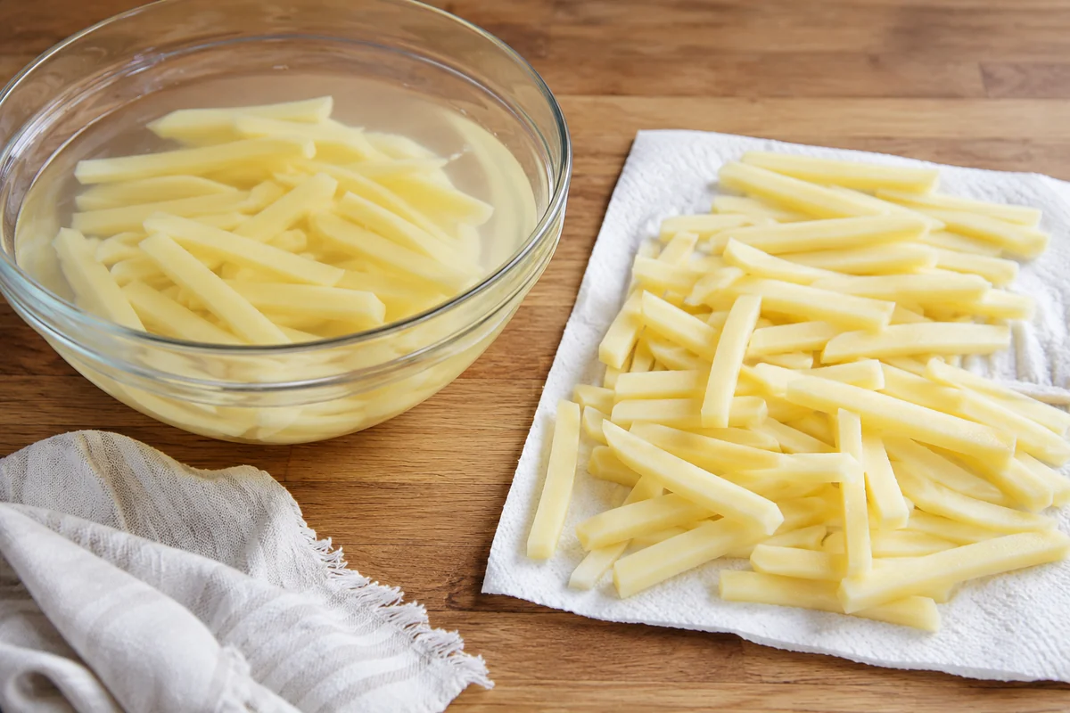 Soaking and drying cut fries Cut potato fries soaking in cold water next to a towel for drying
