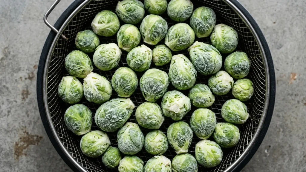 Frozen brussel sprouts air fryer, beautifully styled overhead food photograph