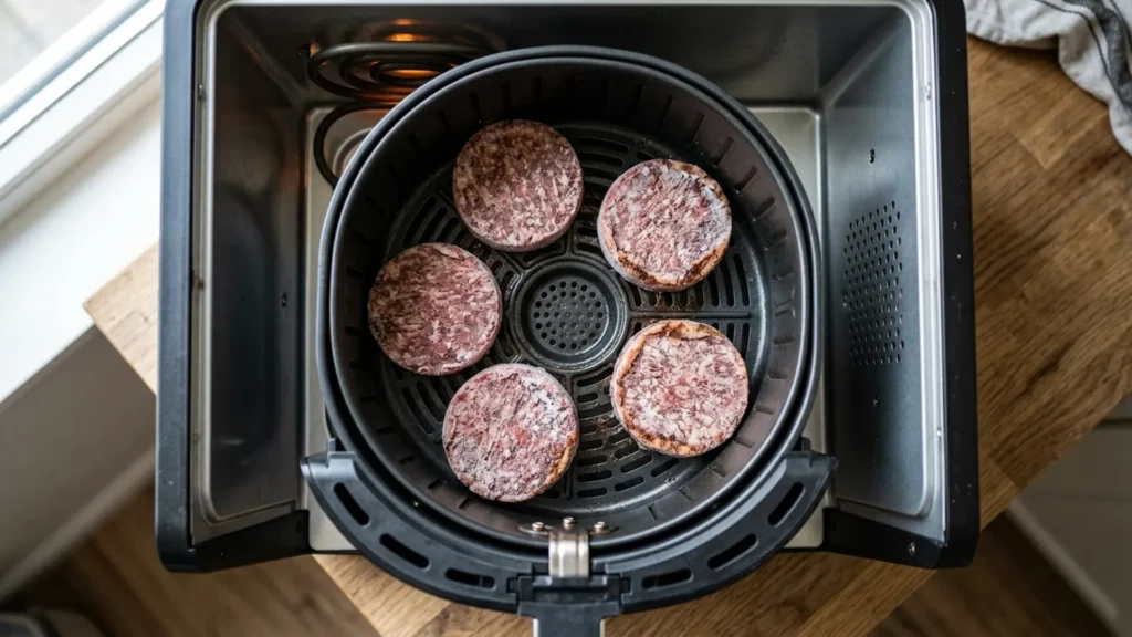 Frozen burgers in air fryer, beautifully styled overhead food photograph