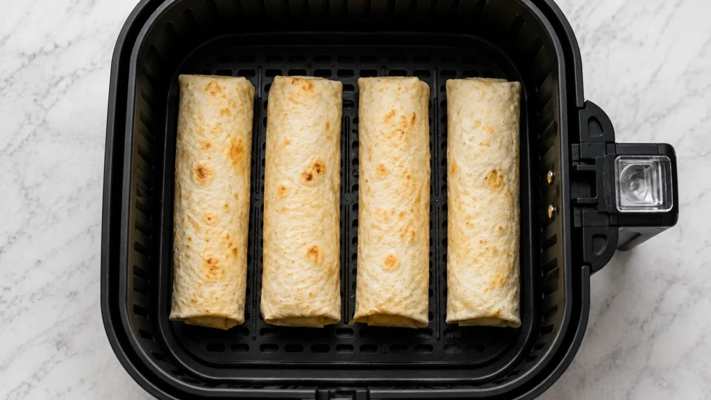 Frozen burritos in air fryer, beautifully styled overhead food photograph