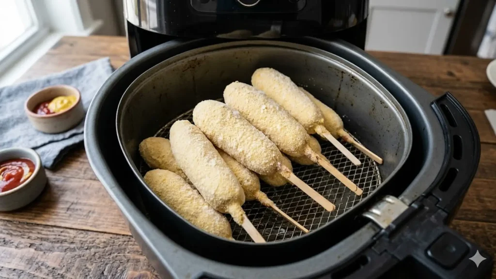 Frozen corn dogs in air fryer, beautifully styled overhead food photograph