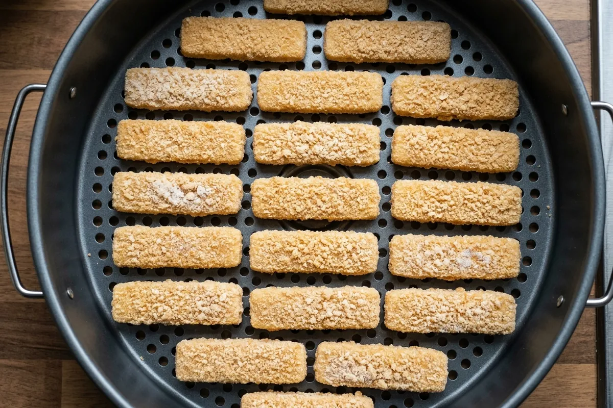 Frozen fish sticks arranged in a single layer with gaps in an air fryer basket before cooking from frozen