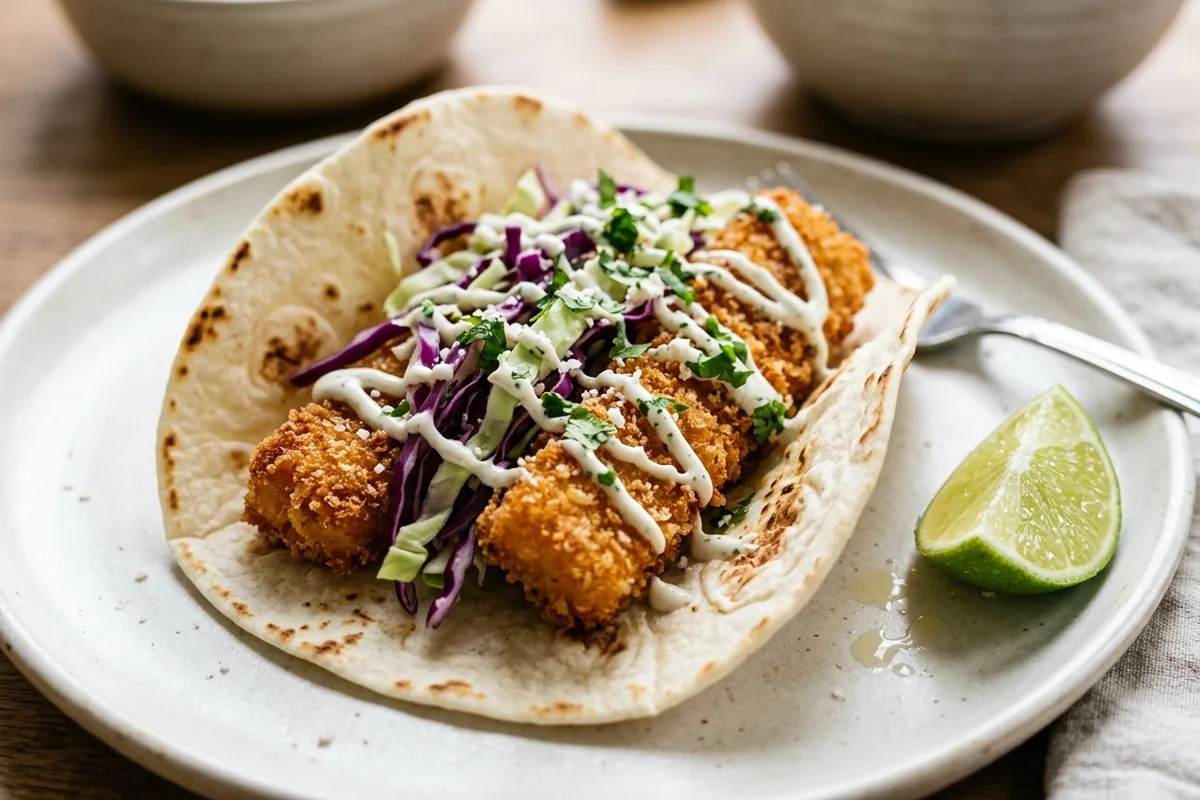 A fish taco made with crispy air fryer fish sticks, shredded cabbage, lime and sauce on a warm tortilla