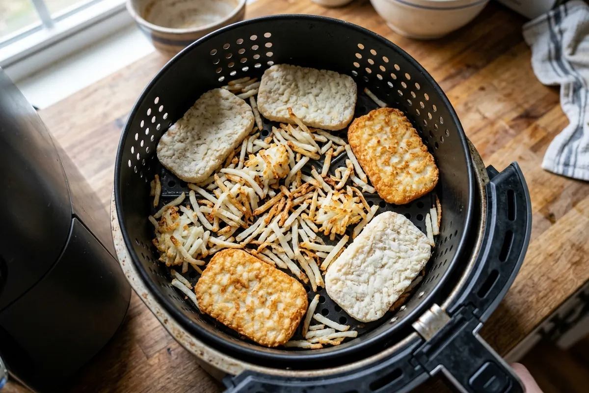 Frozen shredded hash browns and patties in a single layer inside an air fryer basket, cooking to golden