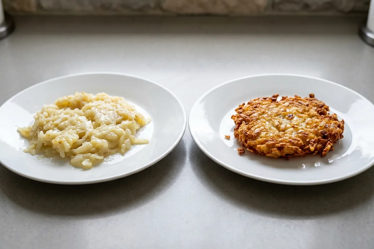 Comparison of soggy pale hash browns next to crispy golden air fryer hash browns showing the texture difference