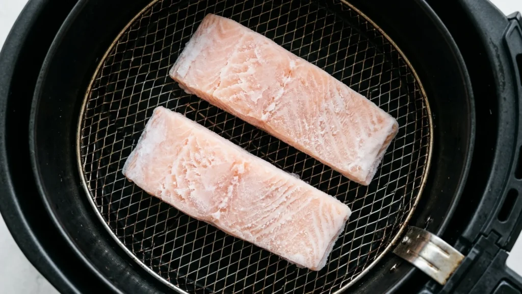 Frozen salmon in air fryer, beautifully styled overhead food photograph