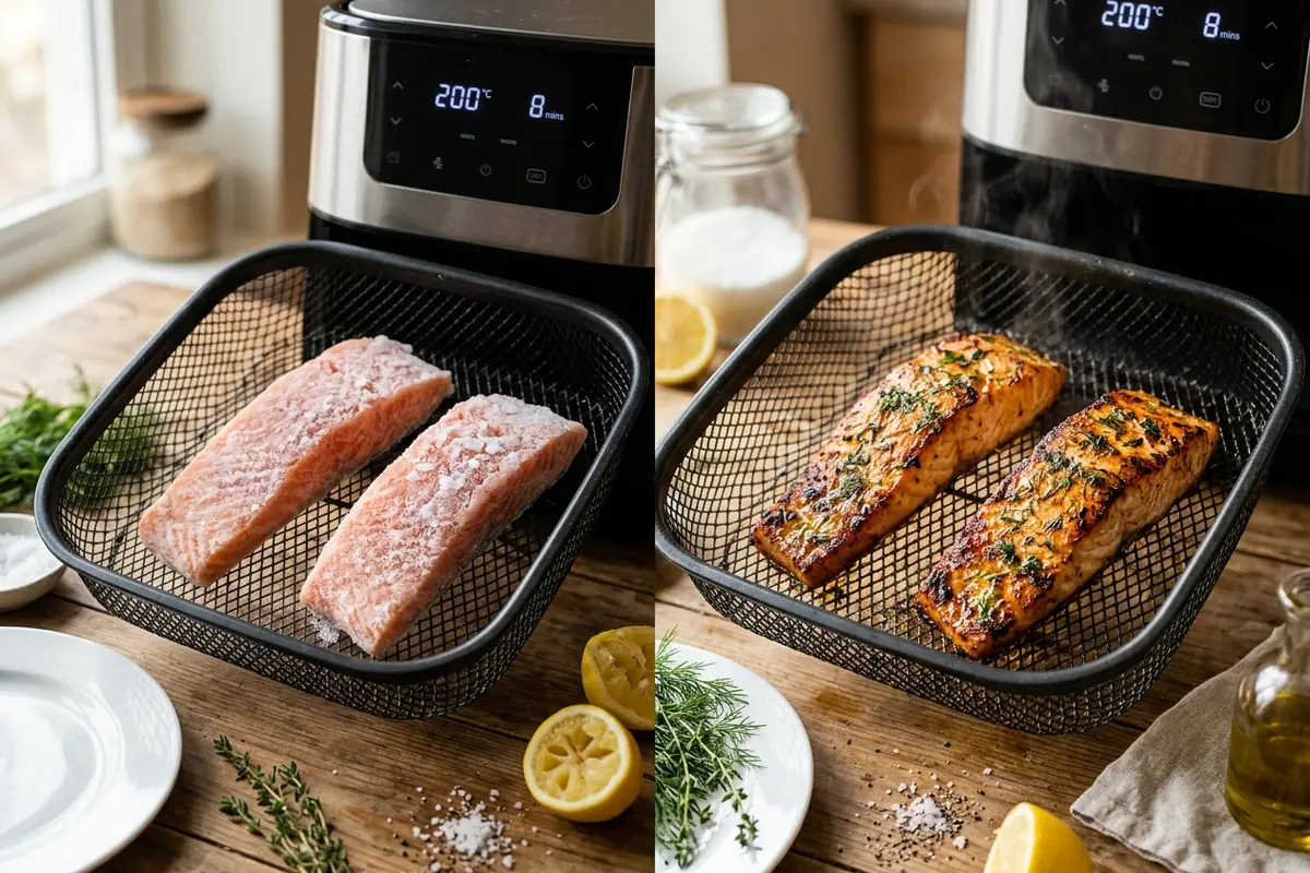 The two-stage method, step by step Frozen salmon in air fryer — The two-stage method, step by step