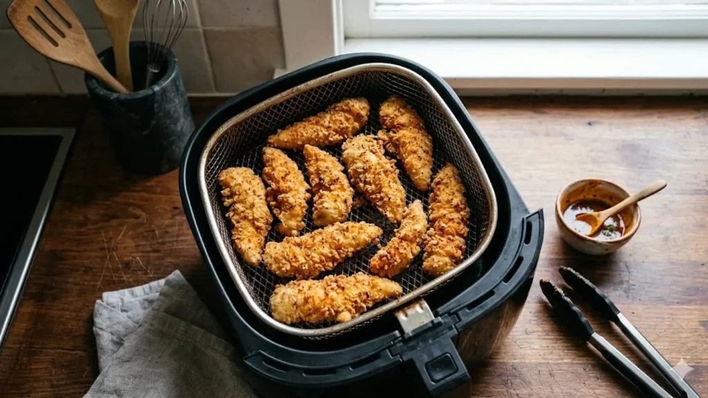 To cook chicken tenders in air fryer, beautifully styled overhead food photograph