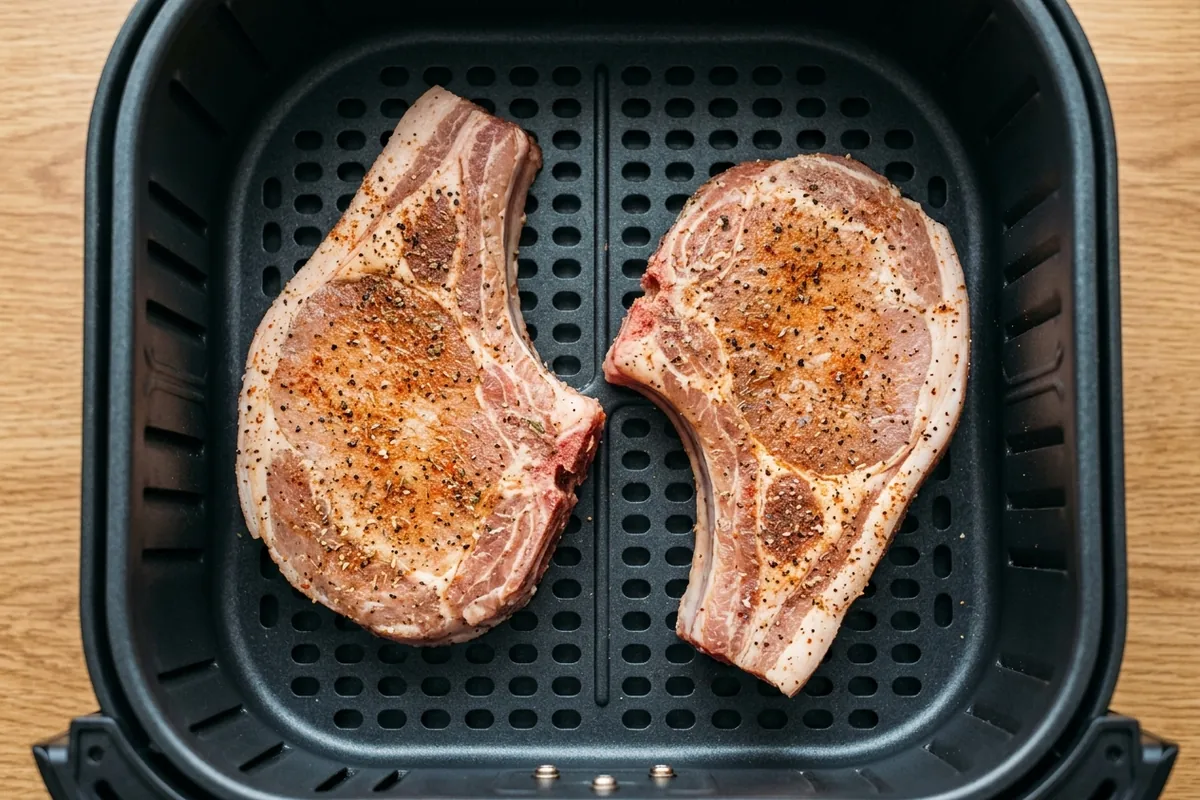 Two dry-rubbed seasoned pork chops arranged in a single layer in an air fryer basket before cooking