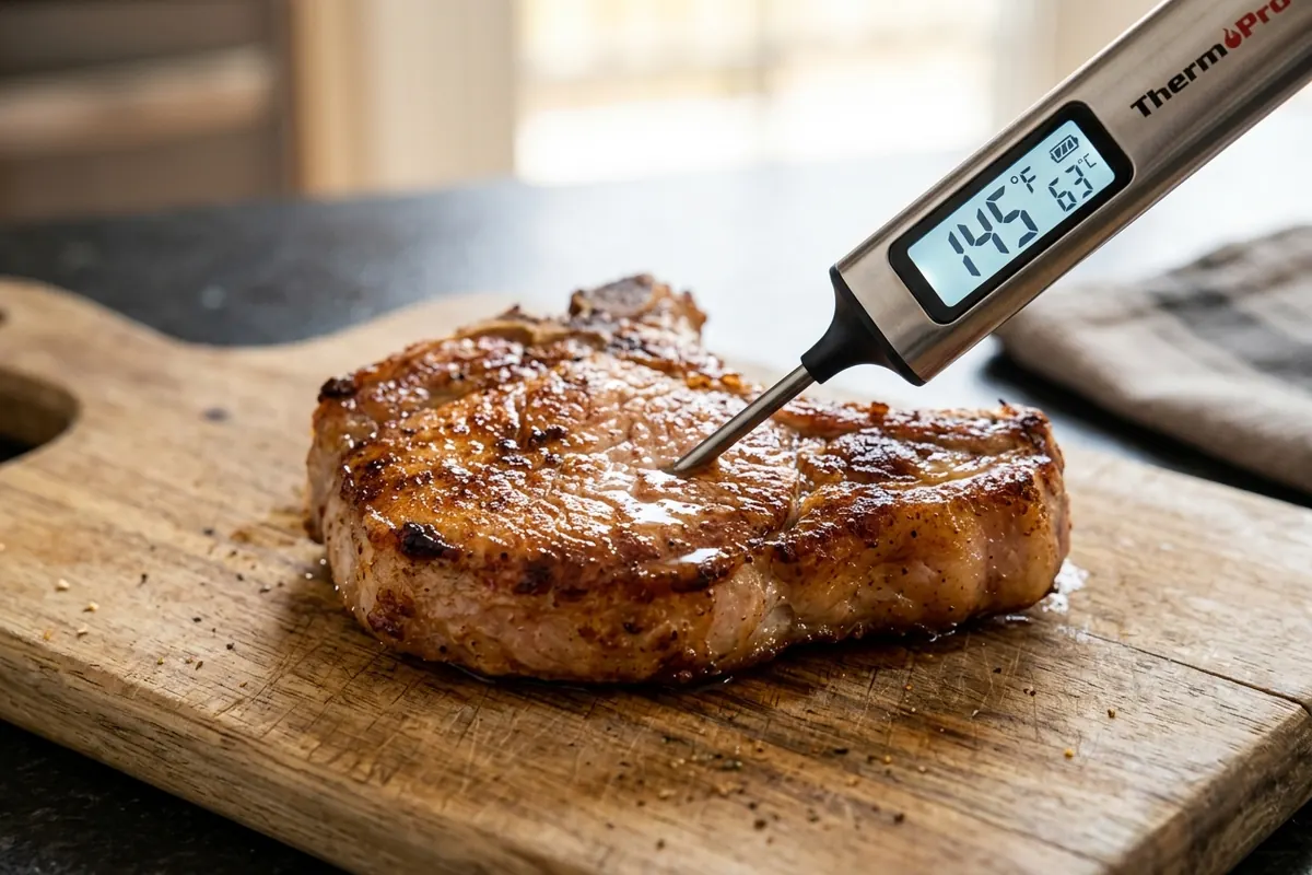 An instant-read thermometer probing the thickest part of a pork chop to confirm a safe internal temperature