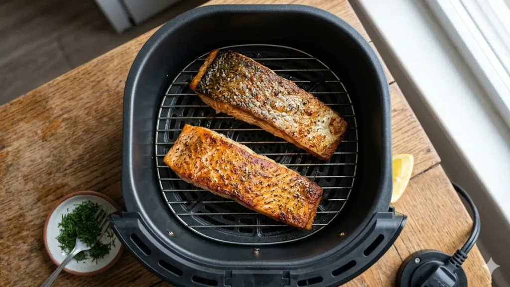 To cook salmon in air fryer, beautifully styled overhead food photograph