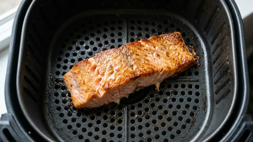 Cooking salmon in air fryer, beautifully styled overhead food photograph