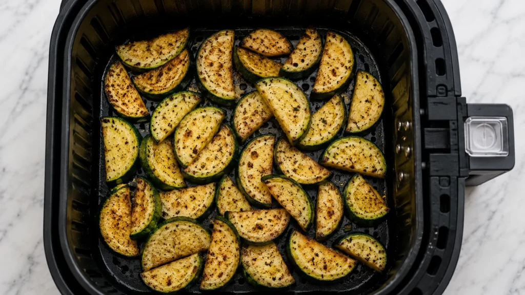 Cooking zucchini in air fryer, beautifully styled overhead food photograph