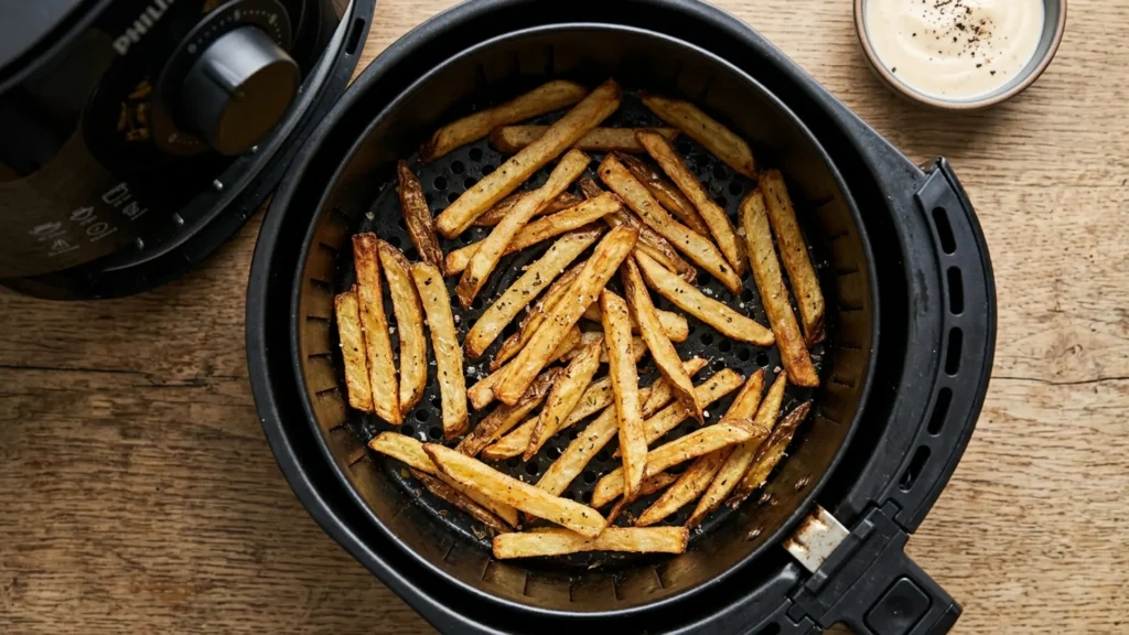 Reheating fries in air fryer, beautifully styled overhead food photograph