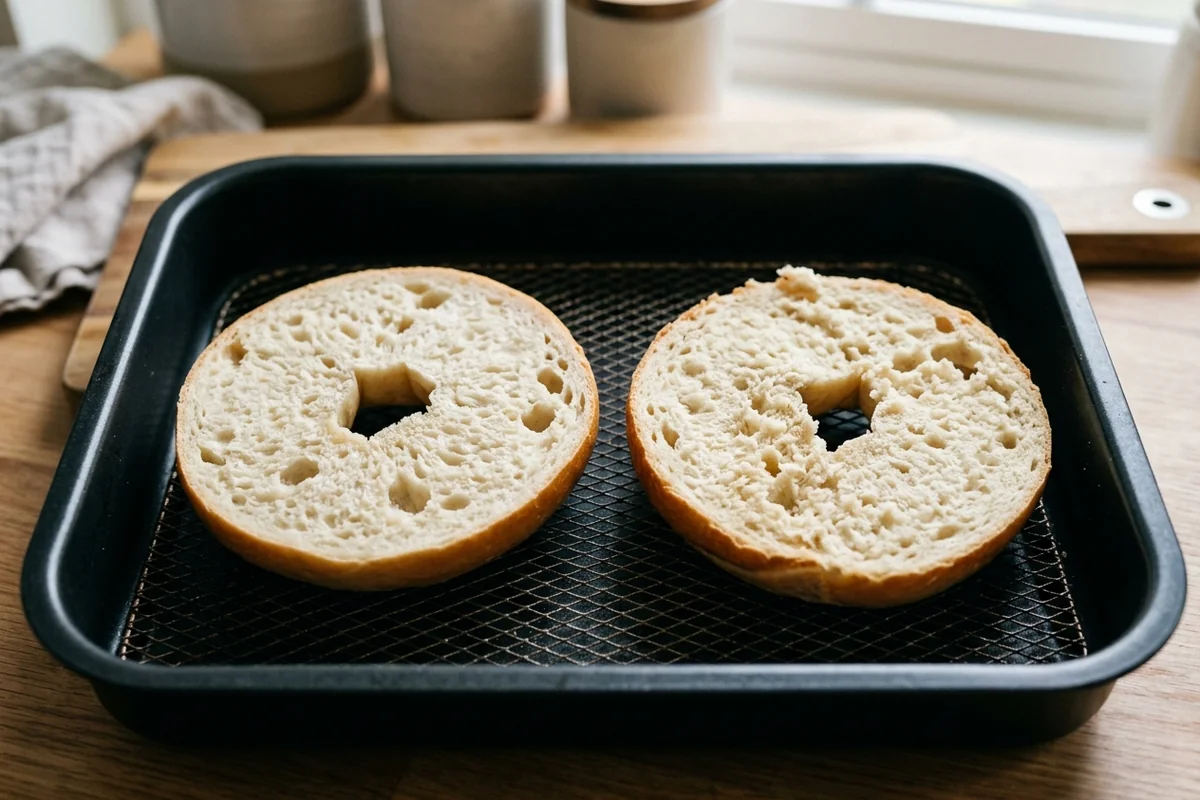 Two fresh bagel halves arranged cut side up in a single layer in an air fryer basket ready to toast