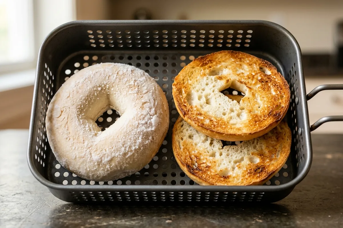 A frozen whole bagel beside a sliced and toasted bagel showing the two-stage method for frozen bagels