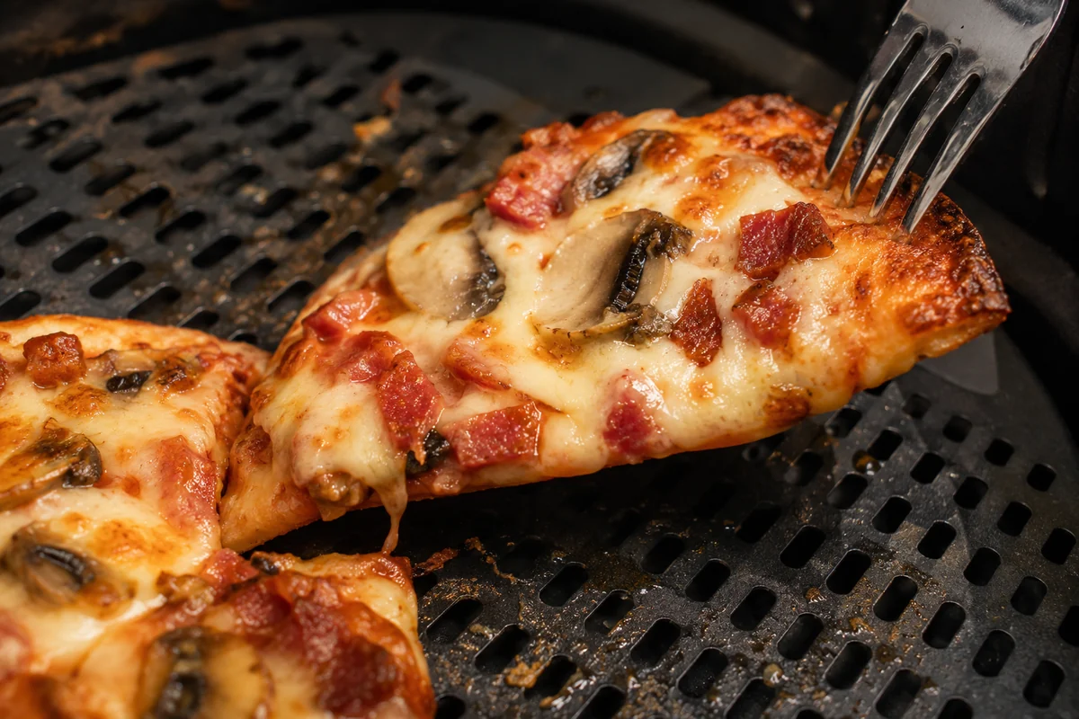 Reheated pizza slice with melted cheese holding toppings and a crisp lifted tip