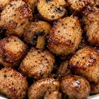 Crispy Pork Bites with Mushrooms - Pork bites: Make these crispy air fryer pork bites with mushrooms in under 20 minutes. A simple, savory recipe perfect for ga